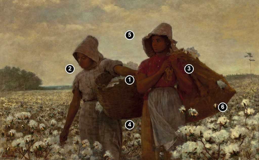Annotated details from The Cotton Pickers by Winslow Homer